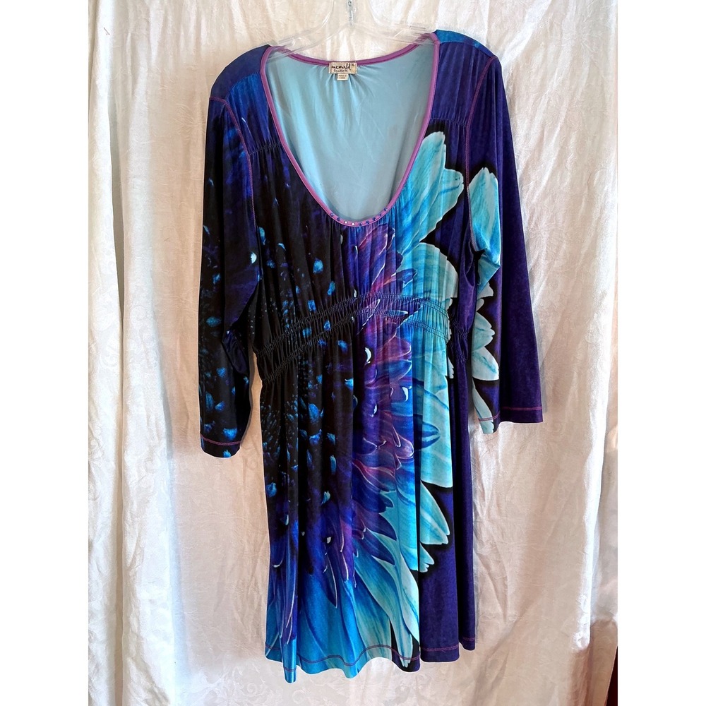 One World Tunic Dress Womens XL Blue Floral Empire Smocked Excellent 3/4 Sleeve